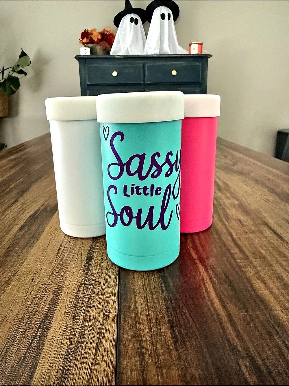 Insulated tall Can Cooler 3 pack teal, White & Pink